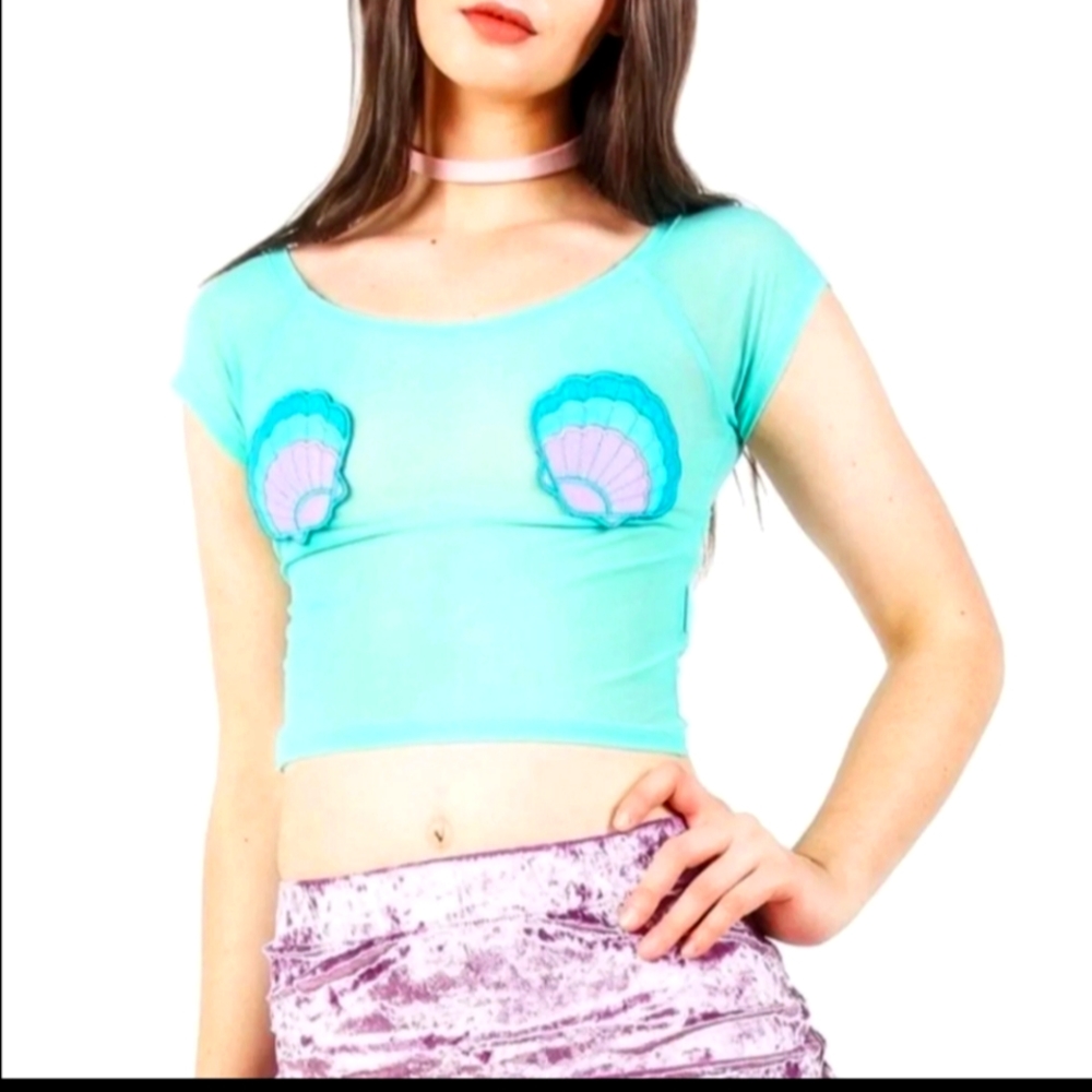 Last chance! Seashell Bra Look! Iron Fist Teal Mermaid Mesh Crop Top Size M
